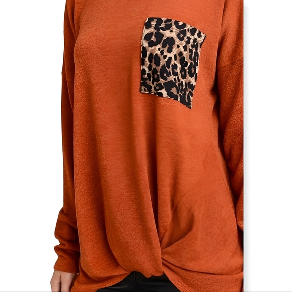 Rust Cowl Neck Leopard Print Pocket Long Sleeve Top - Picture 4 of 6